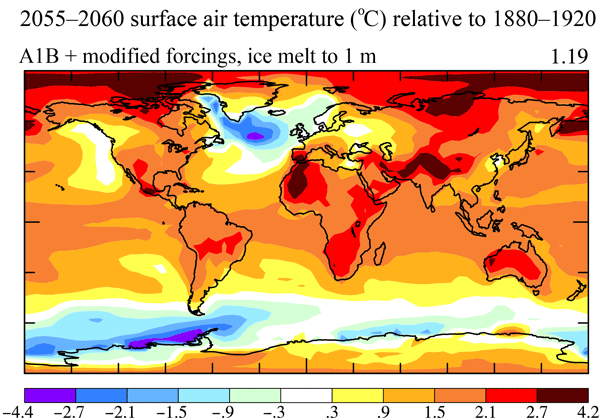 Fig. 2. Surface air temperature change relative to 1880-1920 in 2055-2060 based on climate simulations assuming ice melt increases with a 10-year doubling time.