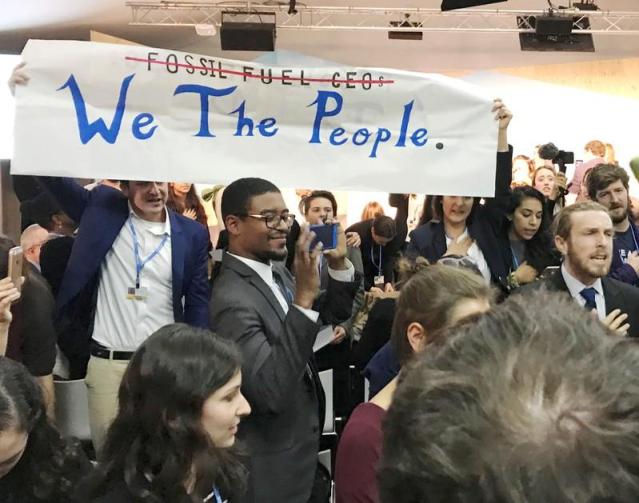 Protesters interrupt a U.S. government pro-coal event during the COP23 UN Climate Change Conference 2017 in Bonn