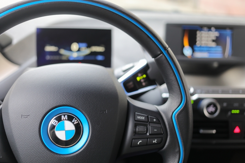 MOSCOW - APR 21, 2018: BMW car steering wheel in interior of coc
