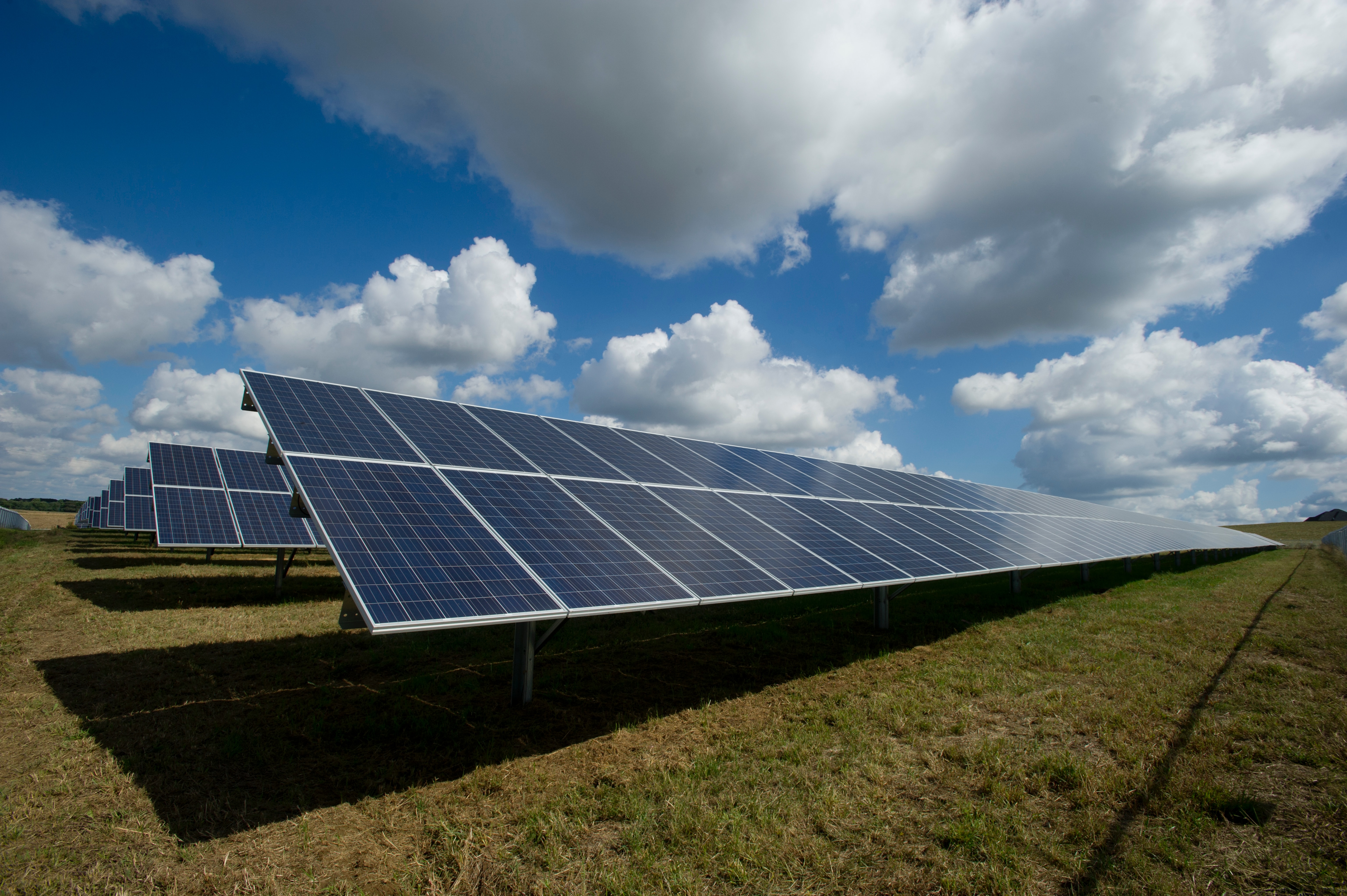 A row of solar panels is pictured on a solar farm.