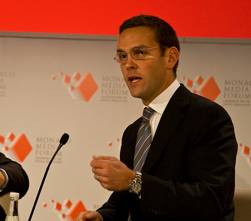 James Murdoch is pictured delivering a speech during a media event.