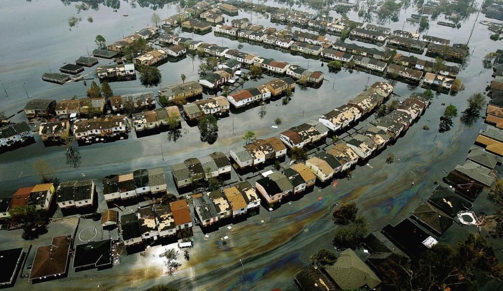 Aerial image showing the devastation caused by Hurricane Katrina, which caused severe destruction in New Orleans, US, in 2005.