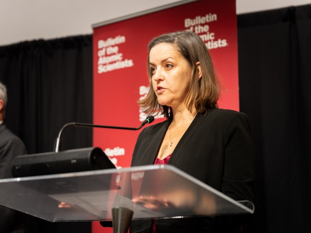 The President and CEO of the Bulletin Board of the Atomic Scientists, Alexandra Bell, unveils the 2026 Doomsday Clock.