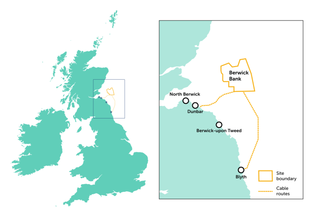 Map visualising the location of the Berwick Bank offshore wind farm.