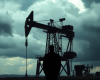 AI generated visual sowing a man in front of an oil pump surrounded by dark clouds.