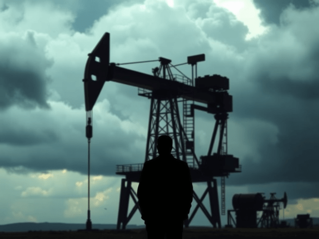 AI generated visual sowing a man in front of an oil pump surrounded by dark clouds.
