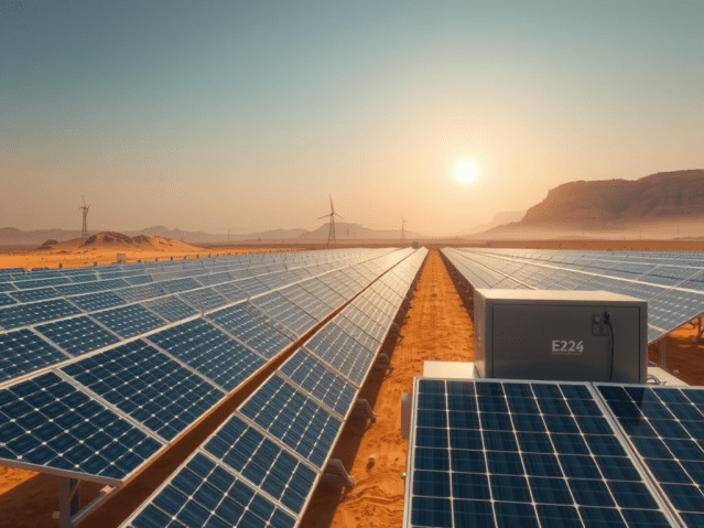 AI-generated visualisation of a solar and storage hybrid plant in an Egyptian desert-like landscape.