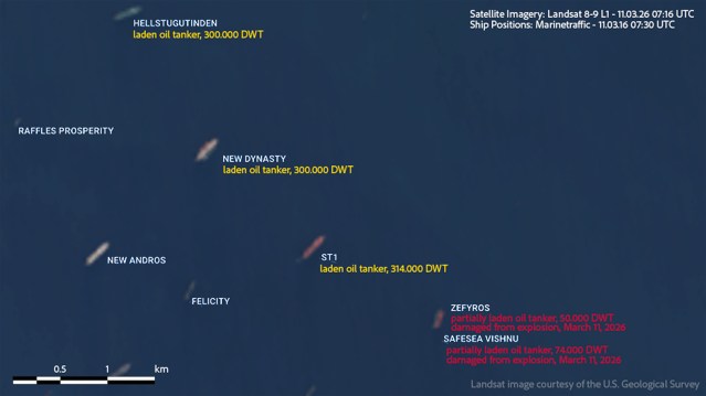 Satellite image captured on 11 March 2026 showing the two tankers, Safesea Vishnu and Zefyros, in Iraqi waters before the attack, alongside three large laden oil tankers anchored nearby.