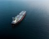 Aerial view of a large crude oil tanker ship on the Strait of Hormuz.