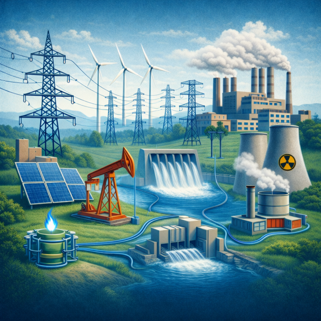 AI-generated visual showing different electricity sources and electricity infrastructure.