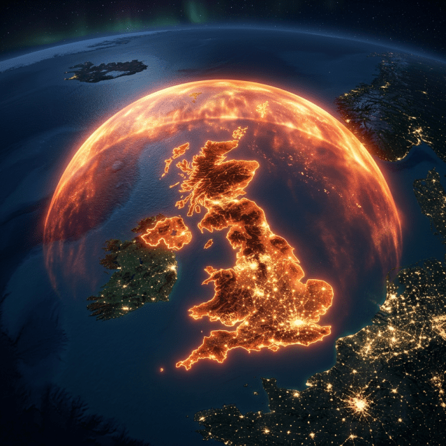 An AI-generated visualisation map of a heat dome covering the UK. 