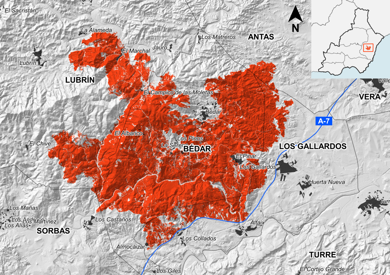 Map illustrating the size of the 2026 Almeria wildfires which started on the 9th of July 2026.