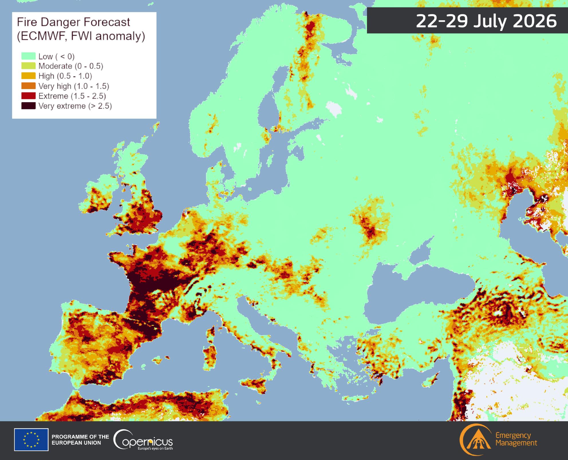 Map of the active European wildfires 22nd of July 2026.
