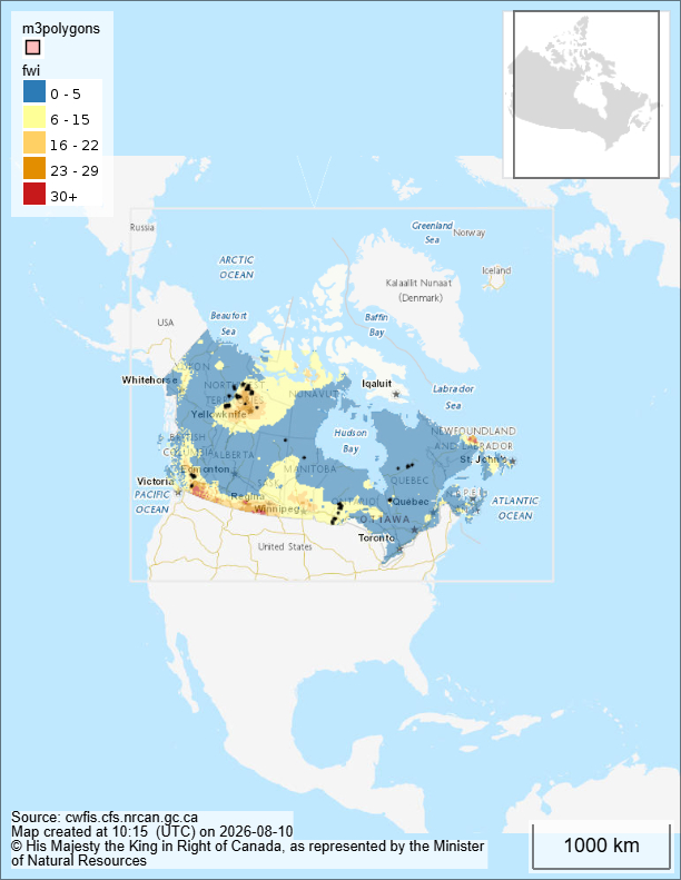Canadian wildfire map as of 10th of August 2026.