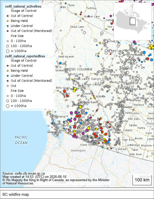 National wildfire map zoomed on the provinces of British Columbia and Alberta.